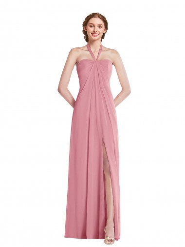 Draped Chiffon Grecian Column Bridesmaid Dress with Front Slit UK