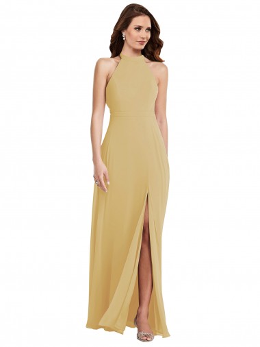 Stand Collar Halter Maxi Bridesmaid Dress with Criss Cross Open Back UK