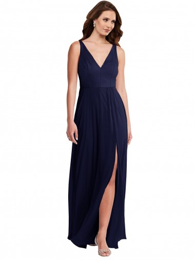 Deep V-Neck Chiffon Maxi Bridesmaid Dress with Front Slit UK