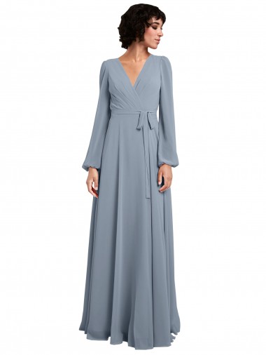 Wrap Style Long Sleeves Chiffon Bridesmaid Dress with Pleated Bodice UK