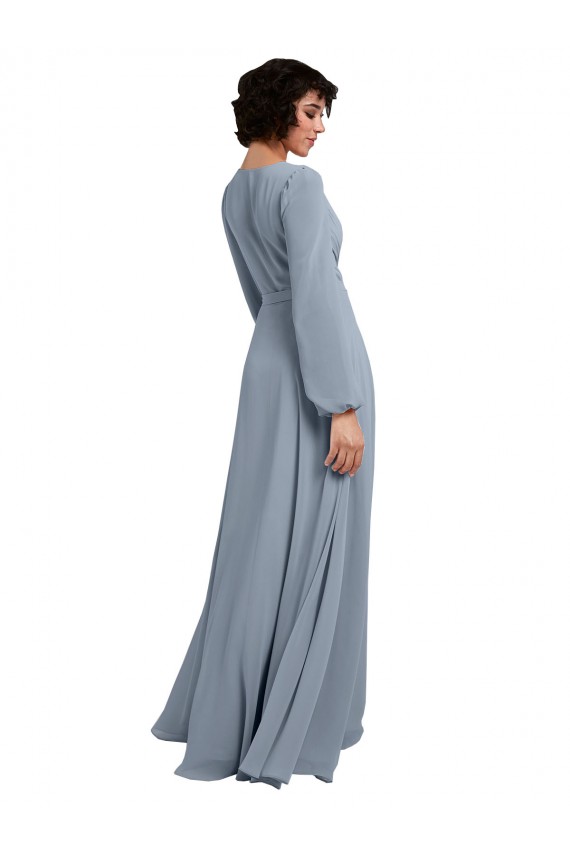 Wrap Style Long Sleeves Chiffon Bridesmaid Dress with Pleated Bodice UK