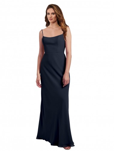 Scoop Neck Long Chiffon Open Back Bridesmaid Dress with Spaghetti Straps UK