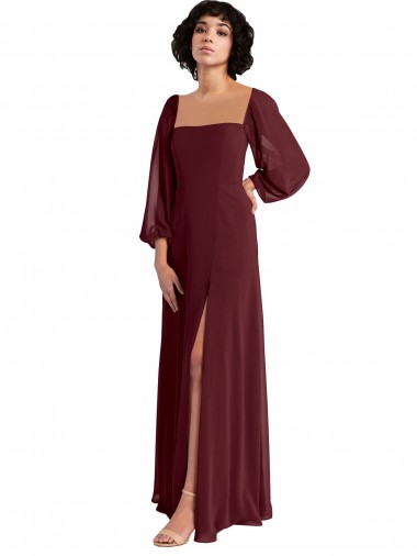 Sheer Long Sleeves Chiffon Bridesmaid Dress with High Slit UK