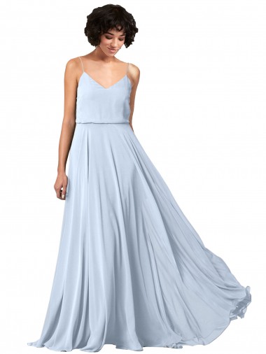 V-Neck Blouson Waist Long Chiffon Bridesmaid Dress with Straps UK