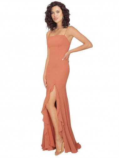 Chiffon Square Neck Bridesmaid Dress with Ruffled Skirt Slit UK