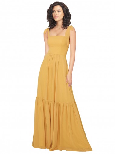 Tied Strap Square Neck Long Chiffon Bridesmaid Dress UK