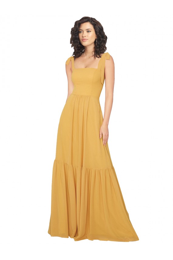 Tied Strap Square Neck Long Chiffon Bridesmaid Dress UK