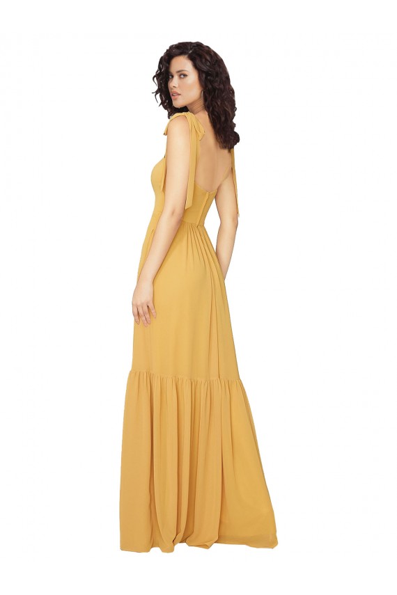 Tied Strap Square Neck Long Chiffon Bridesmaid Dress UK