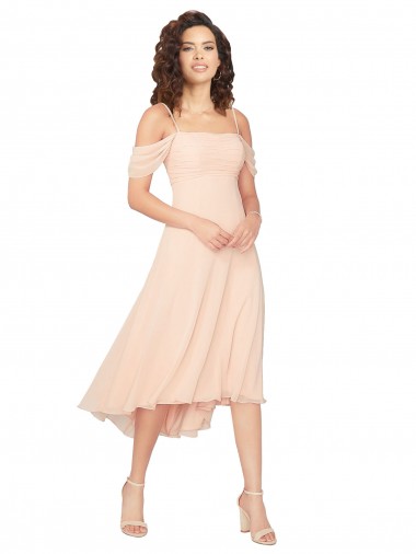 Cold Shoulder Midi Length Short Chiffon Bridesmaid Dress UK