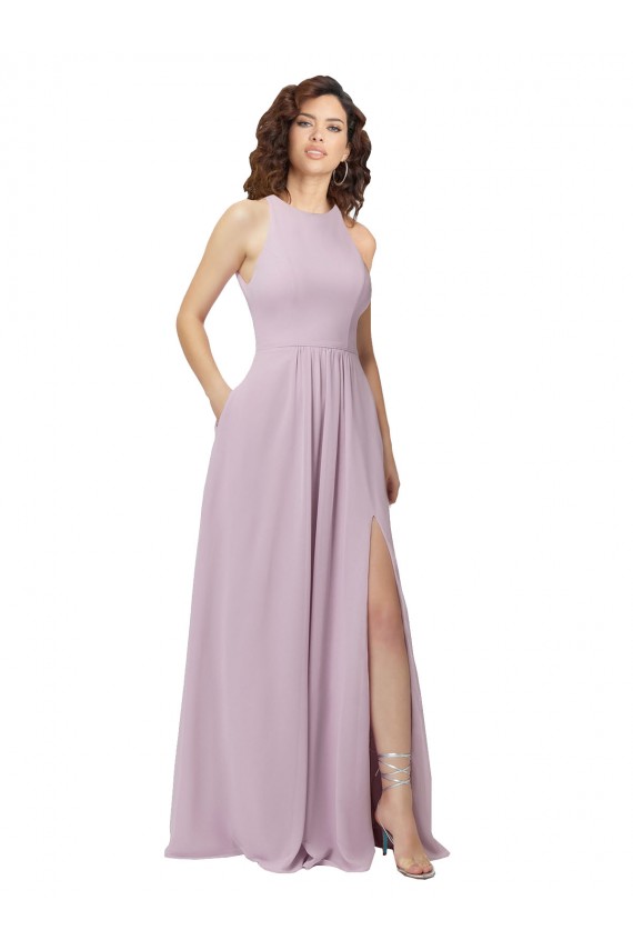 High-Halter Chiffon Bridesmaid Dress with Keyhole Cowl Back UK