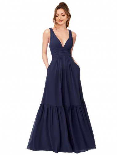 Floor Length Deep V-Neck Ruched Chiffon Long Bridesmaid Dress UK