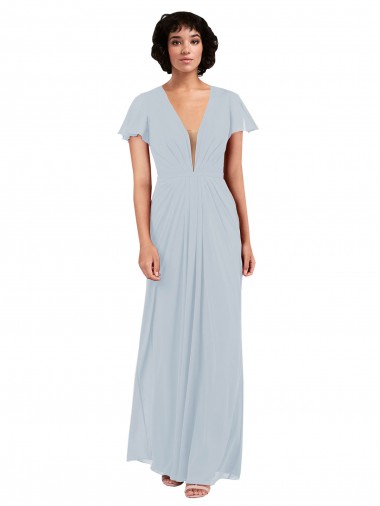 Deep V-Neckline Chiffon Bridesmaid Dress with Flutter Sleeves UK