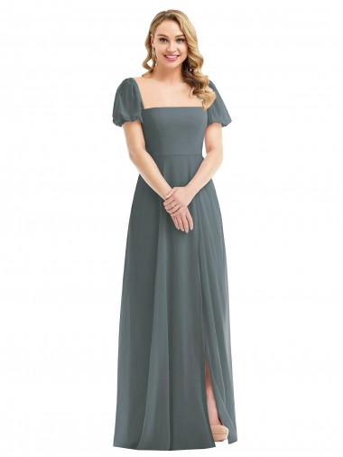 Puff Sleeves Chiffon Maxi Bridesmaid Dress with Front Slit UK