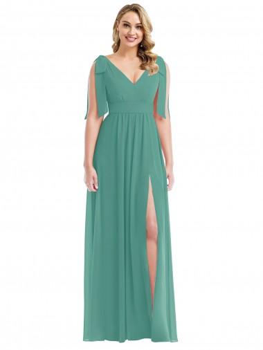 Plunge Neckline Bow Shoulder Chiffon Maxi Bridesmaid Dress UK