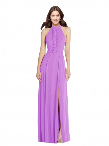 Halter Backless Maxi Bridesmaid Dress with Button Ruffle Placket UK