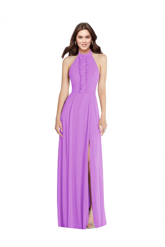 Halter Backless Maxi Bridesmaid Dress with Button Ruffle Placket UK