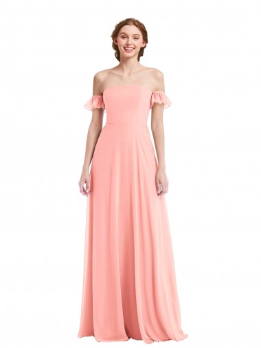 Off the Shoulder Ruffle Cuff Sleeve Chiffon Maxi Bridesmaid Dress UK