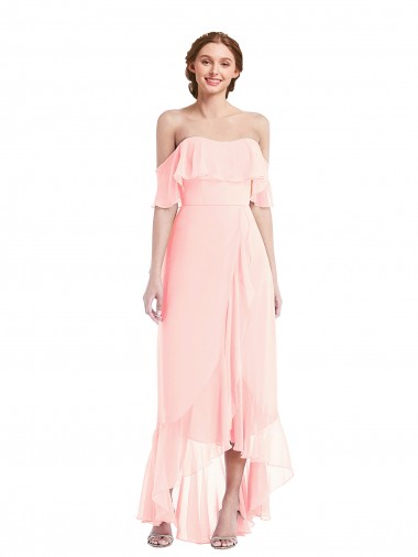 Off the Shoulder Ruffled High Low Maxi Bridesmaid Dress UK