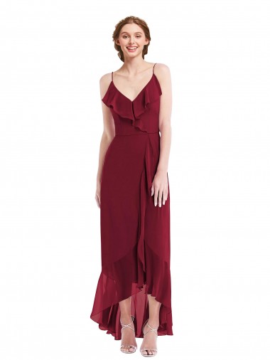 Ruffle Trimmed V-Neck High Low Wrap Chiffon Bridesmaid Dress UK