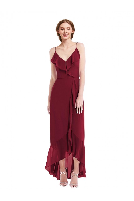 Ruffle Trimmed V-Neck High Low Wrap Chiffon Bridesmaid Dress UK