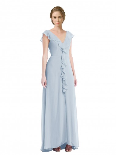 Ruffle Trimmed V Back Chiffon Maxi Bridesmaid Dress UK