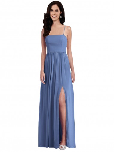 Slim Spaghetti Straps Chiffon Bridesmaid Dress with Front Slit UK