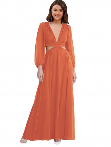 High Low Ruffled Long Chiffon Cutout Bishop Sleeves Maxi Bridesmaid Dress UK