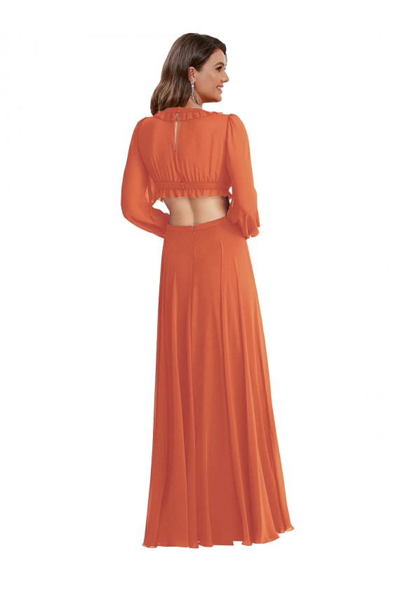 High Low Ruffled Long Chiffon Cutout Bishop Sleeves Maxi Bridesmaid Dress UK