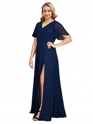 Chiffon V-Neck Short Sleeves Long Bridesmaid Dress with High Slit UK