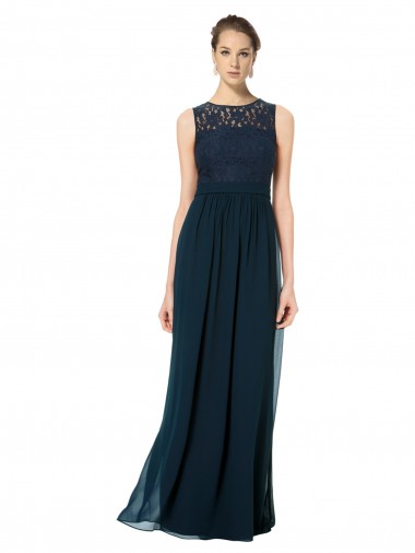 Long Chiffon Bridesmaid Dress with Lace Sleeveless Bodice and Keyhole Back UK