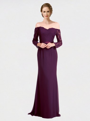 Full Length Long Bridesmaid Dress with Lace Off The Shoulder Bodice UK