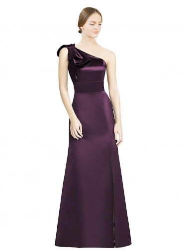 Full Length One Shoulder Satin Bridesmaid Dress with Bow Shoulder Detail UK