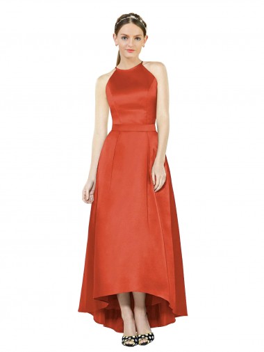 Full Length Halter Satin Bridesmaid Dress with Hi-Low Hem Detail UK