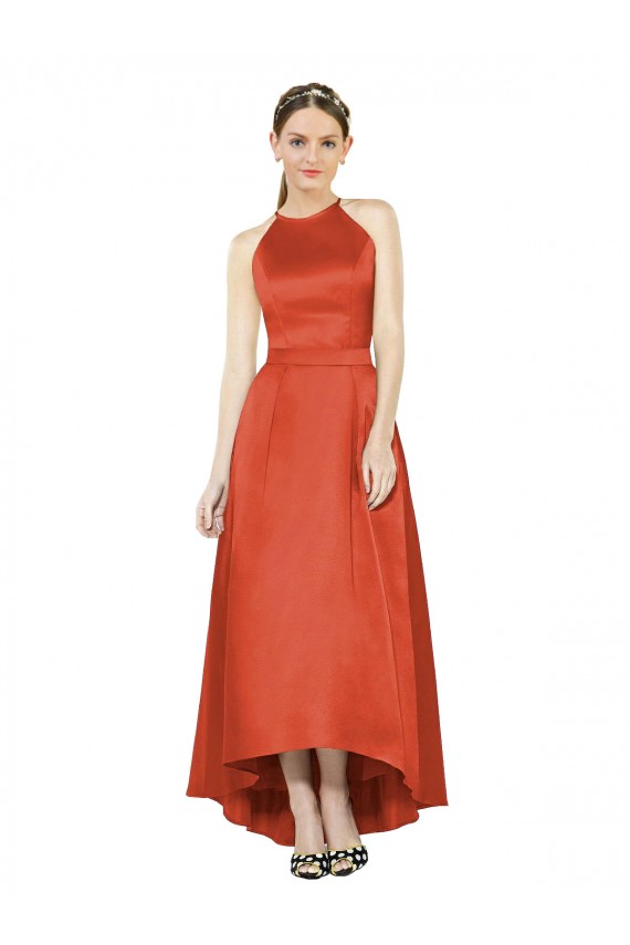 Full Length Halter Satin Bridesmaid Dress with Hi-Low Hem Detail UK