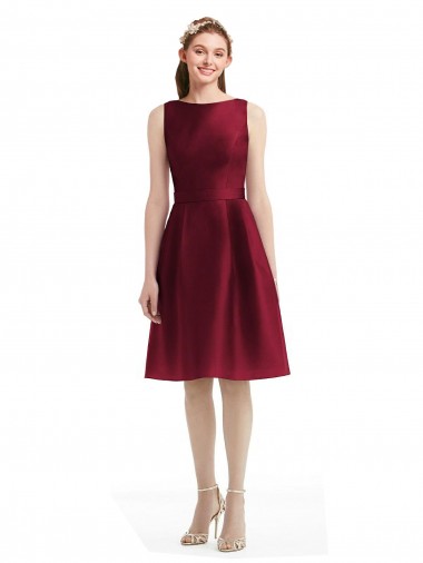 Short Midi Length Satin Bridesmaid Dress with Bateau Neckline and V-Back UK