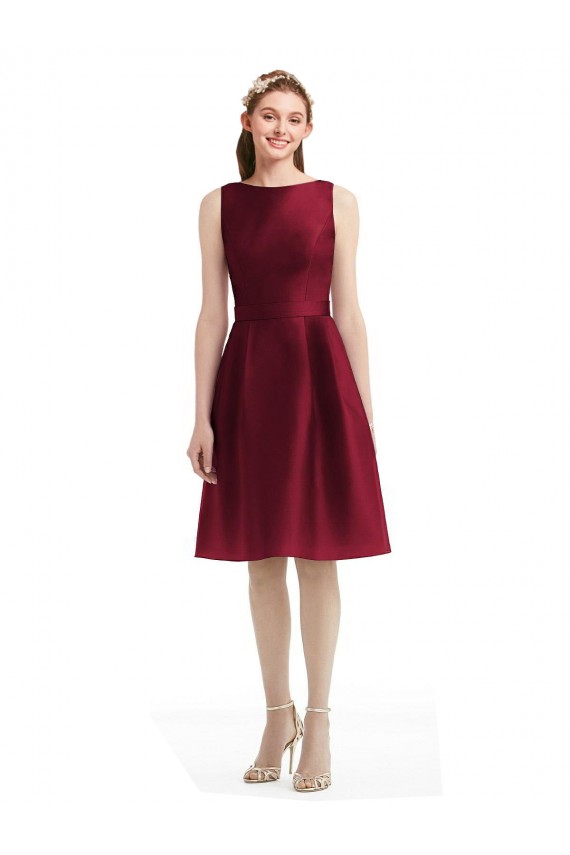 Short Midi Length Satin Bridesmaid Dress with Bateau Neckline and V-Back UK