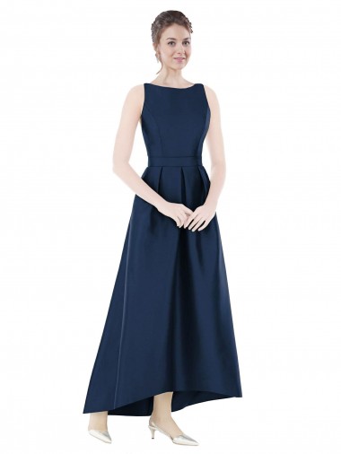 Full Length Sleeveless Long Satin Bridesmaid Dress with High Low Hem Detail UK