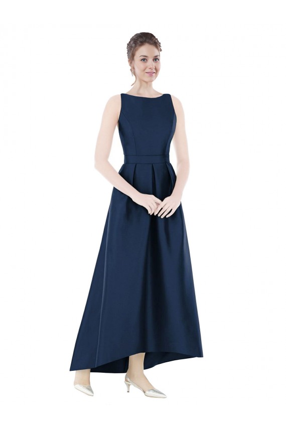 Full Length Sleeveless Long Satin Bridesmaid Dress with High Low Hem Detail UK