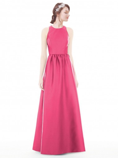 Jewel Neck Keyhole Back Sleek Long Satin Bridesmaid Dress UK