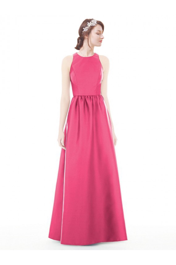 Jewel Neck Keyhole Back Sleek Long Satin Bridesmaid Dress UK