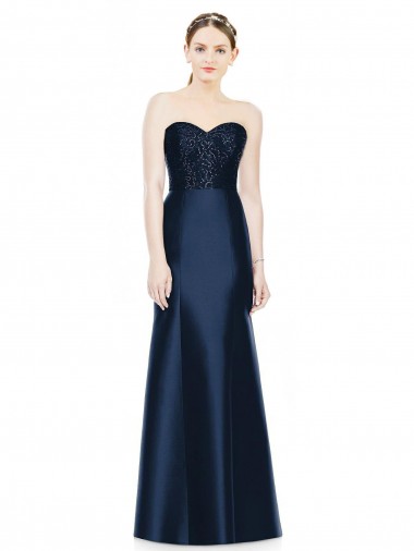 Full Length Strapless Satin Bridesmaid Dress with Lace Sweetheart Neckline UK