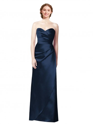 Faux Wrap A-Line Long Satin Bridesmaid Dress with Draped Bodice UK