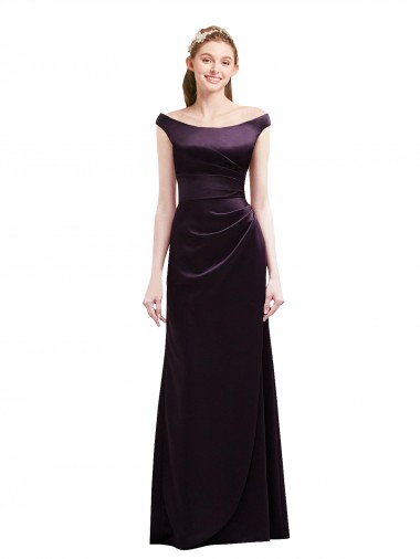 Off The Shoulder Long Satin Bridesmaid Dress with Asymmetrical Pleated Bodice UK