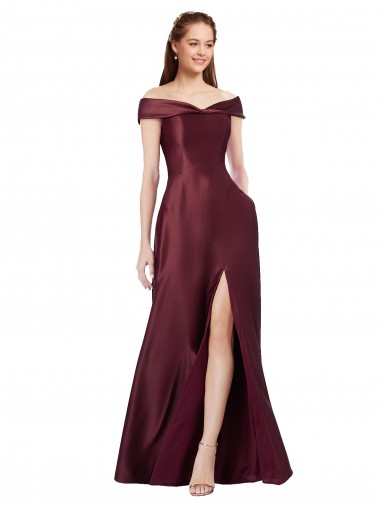 Long Off the Shoulder Satin Bridesmaid Dress with Thigh-high Slit UK