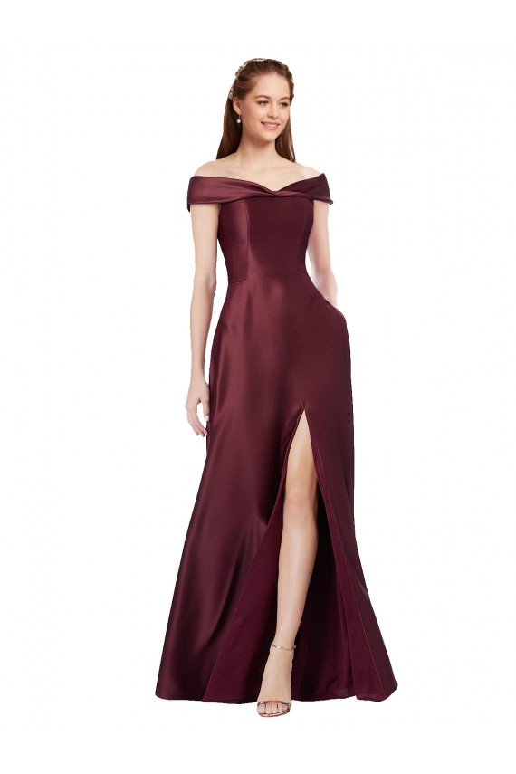 Long Off the Shoulder Satin Bridesmaid Dress with Thigh-high Slit UK