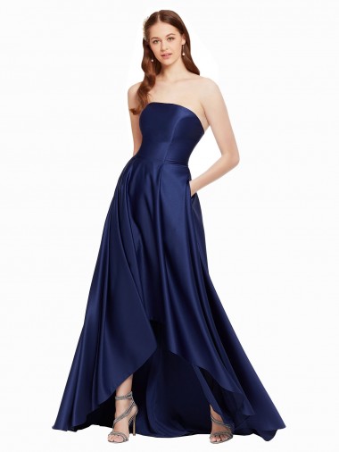 High Low Strapless Satin Bridesmaid Dress with Pockets UK