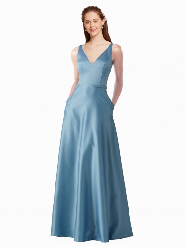 Classic Satin V-Neck A-Line Bridesmaids Dress with Pockets UK