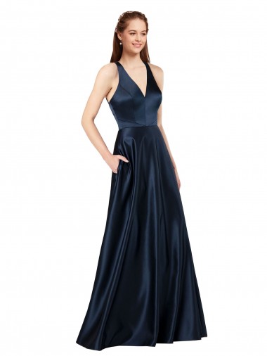 Long Formal Satin Bridesmaid Gown with Halter Neckline UK