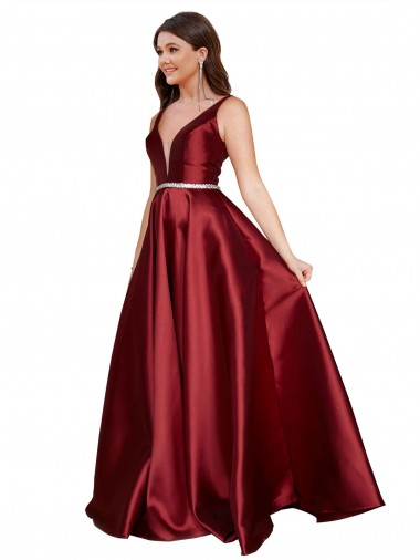 Sleeveless Deep V-Neck A-Line Satin Bridesmaid Dress with Pockets UK