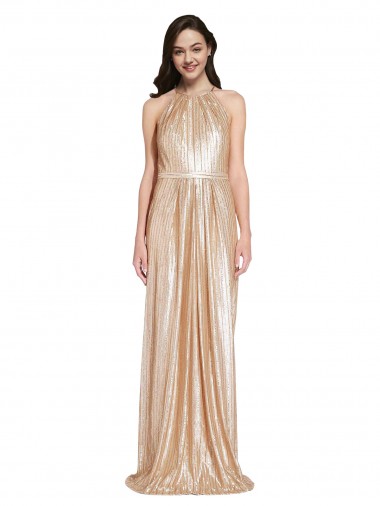 Floor Length Halter Neck Sparkling Sequin Bridesmaid Dress with Pleats UK